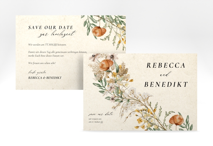 Save the Date-KarteWildfang A6 Karte quer beige mit getrockneten Wiesenblumen