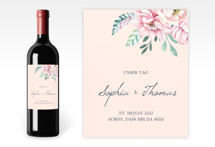 Weinetikett zur Hochzeit Blooming Etikett Weinflasche 4er Set rosa