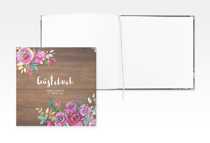 Gästebuch Selection Hochzeit Flourish Leinen-Hardcover braun mit floraler Bauernmalerei auf Holz