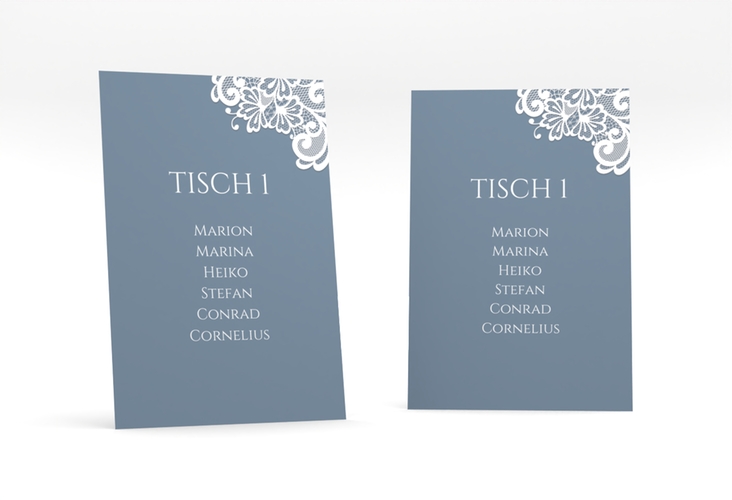 Tischaufsteller Hochzeit Vintage Tischaufsteller blau hochglanz mit floraler Spitze