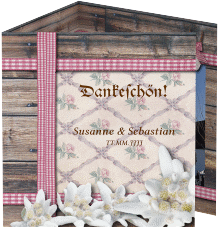 Klick: Details zu Danksagungskarte Hochzeit "Bayern" anzeigen Danksagungskarte Hochzeit Bayern quadr. Doppel-Klappkarte rot mit Edelweiß in rustikaler Holz-Optik