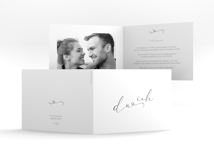 Hochzeitseinladung Zweisamkeit A6 Klappkarte quer weiss hochglanz im minimalistischen Stil mit Aufschrift du & ich