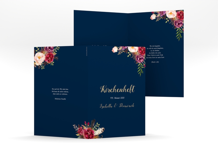 Kirchenheft Hochzeit Flowers A5 Klappkarte hoch blau hochglanz mit bunten Aquarell-Blumen