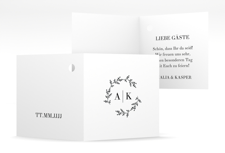 Geschenkanhänger Hochzeit Filigrana Geschenkanhänger 10er Set schwarz hochglanz in reduziertem Design mit Initialen und zartem Blätterkranz