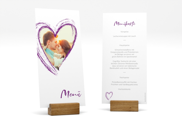 Menükarte Hochzeit Liebe lange Karte hoch lila hochglanz