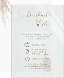 Klick: Details zu Acryl-Hochzeitseinladung "Pampasgras" anzeigen Acryl-Hochzeitseinladung Pampasgras Acrylkarte + Deckblatt hoch beige