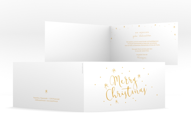 Geschäftliche Weihnachtskarte Winterfreude lange Klappkarte quer gold hochglanz