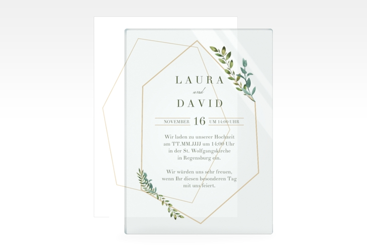 Acryl-Hochzeitseinladung Herbarium Acrylkarte + Deckblatt hoch hochglanz mit geometrischem Rahmen und Blätter-Dekor