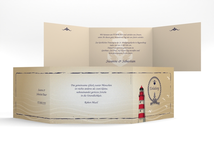 Hochzeitseinladung Sylt A6 Doppel-Klappkarte braun mit Leuchtturm