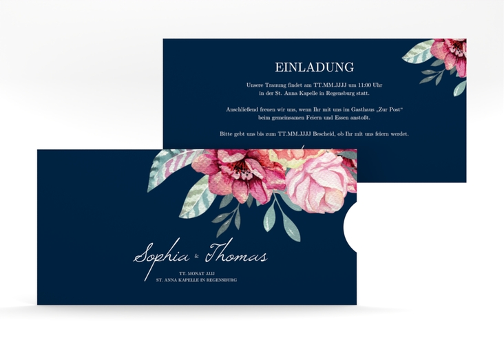 Hochzeitseinladung Blooming Einsteckkarte blau hochglanz