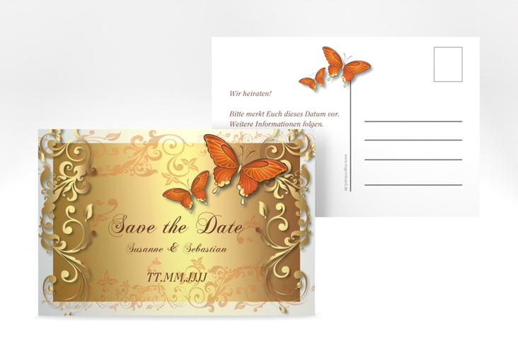 Save the Date-Postkarte Toulouse A6 Postkarte orange mit Schmetterlingen und Schnörkeln