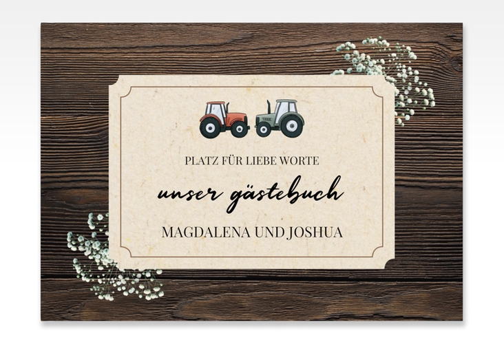 Gästebuch A4 quer Bauernhochzeit A4 quer, Hardcover braun in rustikaler Holz-Optik mit Schleierkraut und zwei kleinen Traktoren