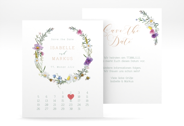Save the Date-Kalenderblatt Blumengarten Kalenderblatt-Karte bunt hochglanz mit Blumenkranz und Hummel