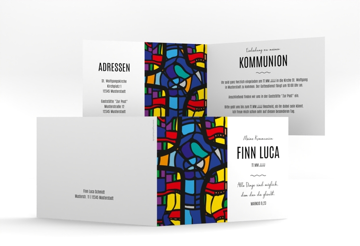 Kommunionseinladung Kirchenfenster A6 Klappkarte quer bunt
