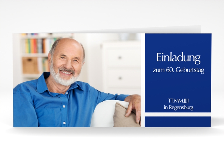 Einladung 60. Geburtstag Gerd/Gerda lange Klappkarte quer blau mit Foto