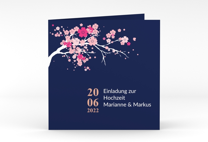 Hochzeitseinladung "Sakura" quadratische Klappkarte blau