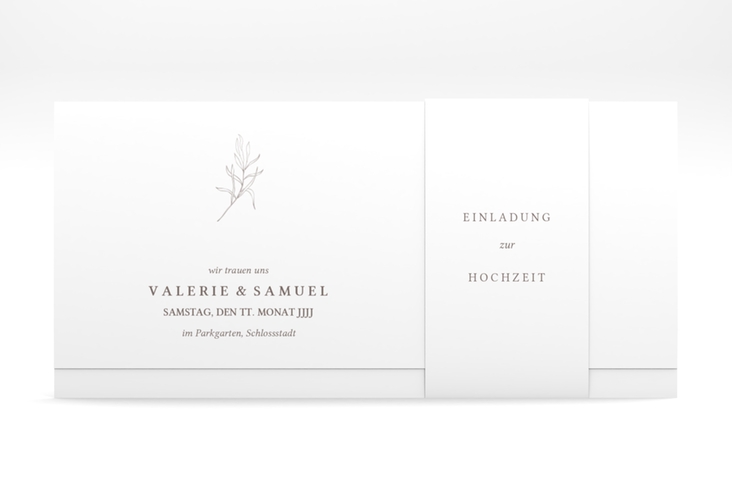 Hochzeitseinladung Ivy Wickelfalzkarte + Banderole weiss minimalistisch mit kleiner botanischer Illustration