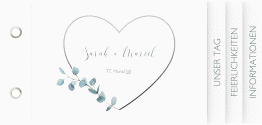 Klick: Details zu Hochzeitseinladung "Greenheart" anzeigen Hochzeitseinladung Greenheart Booklet grau mit elegantem Herz und Eukalyptus-Zweig