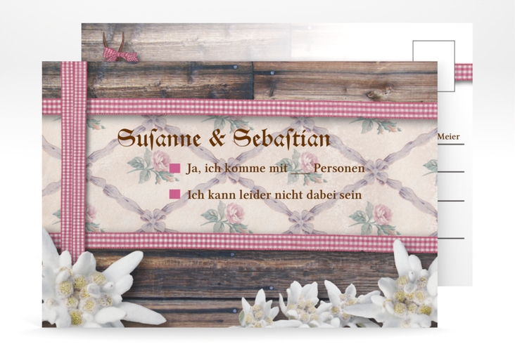 Antwortkarte Hochzeit Bayern A6 Postkarte rot hochglanz mit Edelweiß in rustikaler Holz-Optik