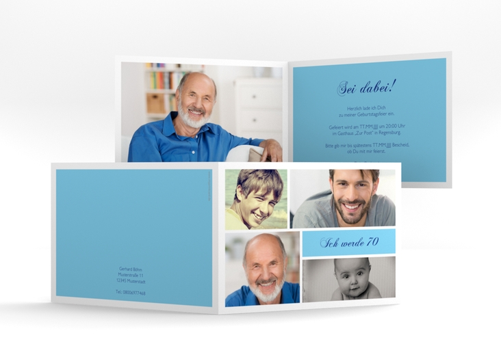Einladung 70. Geburtstag Bilderserie A6 Klappkarte quer blau mit mehreren Fotos