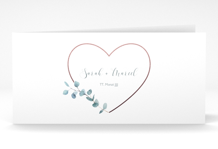 Danksagungskarte Hochzeit Greenheart lange Klappkarte quer rosa mit elegantem Herz und Eukalyptus-Zweig