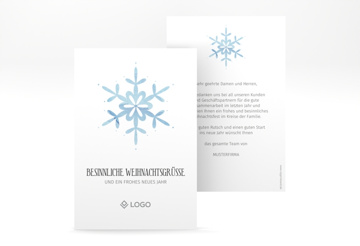 Business-Weihnachtskarte "Winterhauch" DIN A6 hoch mit Schneeflocken-Design und Logo für Firmen