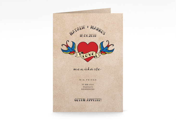 Menükarte Hochzeit Tattoo A5 Klappkarte hoch beige mit Herz und zwei Schwalben