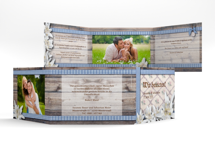 Einladungskarte Hochzeit Bayern A6 Doppel-Klappkarte blau hochglanz mit Edelweiß in rustikaler Holz-Optik