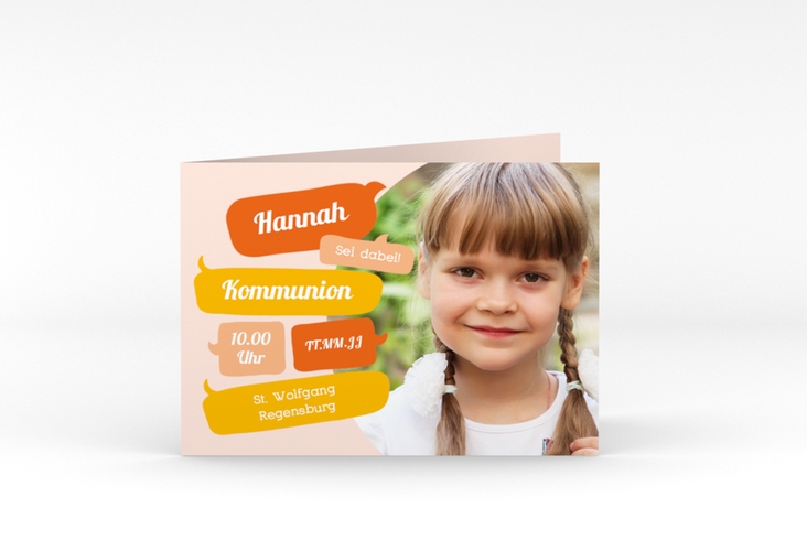 Einladung Kommunion Speak A6 Klappkarte quer orange