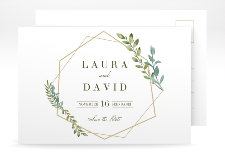 Save the Date-Postkarte Herbarium A6 Postkarte gold hochglanz mit geometrischem Rahmen und Blätter-Dekor
