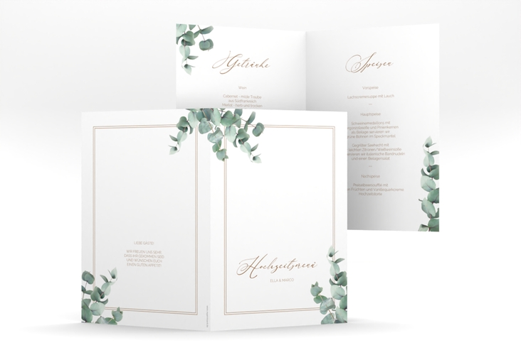Menükarte Hochzeit Eucalypt A5 Klappkarte hoch mit Eukalyptus und edlem Rahmen