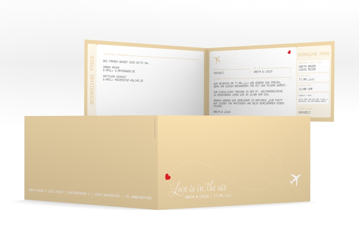 Hochzeitseinladung Weddingpass lange Klappkarte quer beige