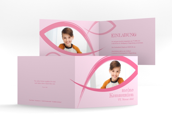 Kommunionseinladung Credo A6 Klappkarte quer rosa