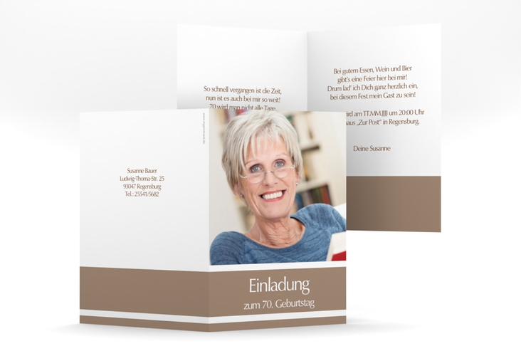 Einladung 70. Geburtstag Gerd/Gerda A6 Klappkarte hoch braun mit Foto