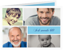 Einladung 60. Geburtstag Bilderserie A6 Klappkarte quer blau mit mehreren Fotos