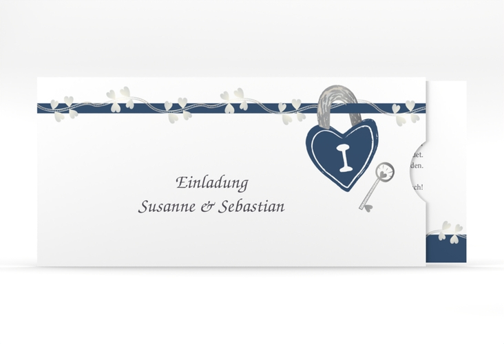 Hochzeitseinladung Oviedo Einsteckkarte blau hochglanz mit Liebesschloss und Herzen