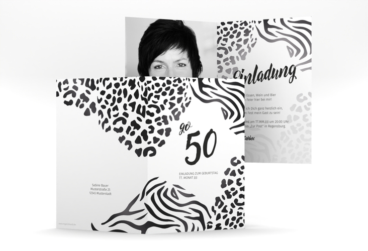 Einladung 50. Geburtstag Wild A6 Klappkarte hoch weiss hochglanz