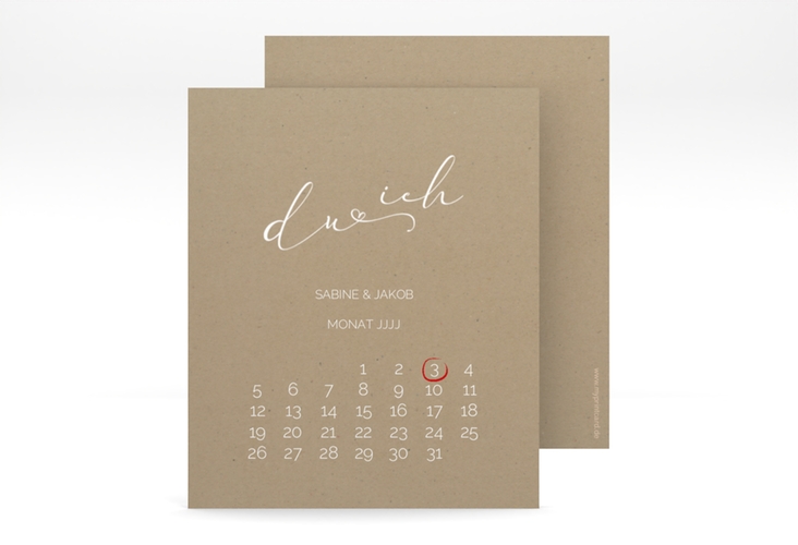 Save the Date-Kalenderblatt Zweisamkeit Kalenderblatt-Karte Kraftpapier im minimalistischen Stil mit Aufschrift du & ich