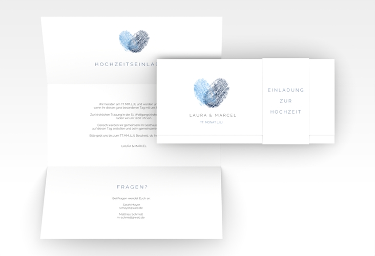 Hochzeitseinladung Fingerprint Wickelfalzkarte + Banderole blau hochglanz schlicht mit Fingerabdruck-Motiv