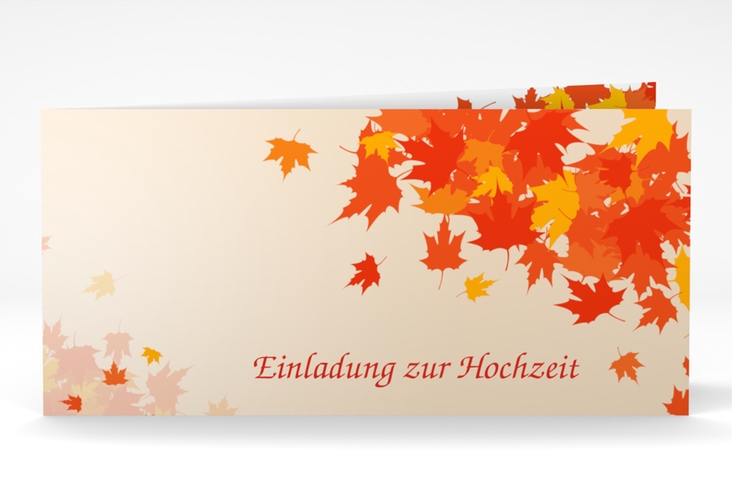Hochzeitseinladung Zwiesel lange Klappkarte quer in Beige mit Ahornblättern