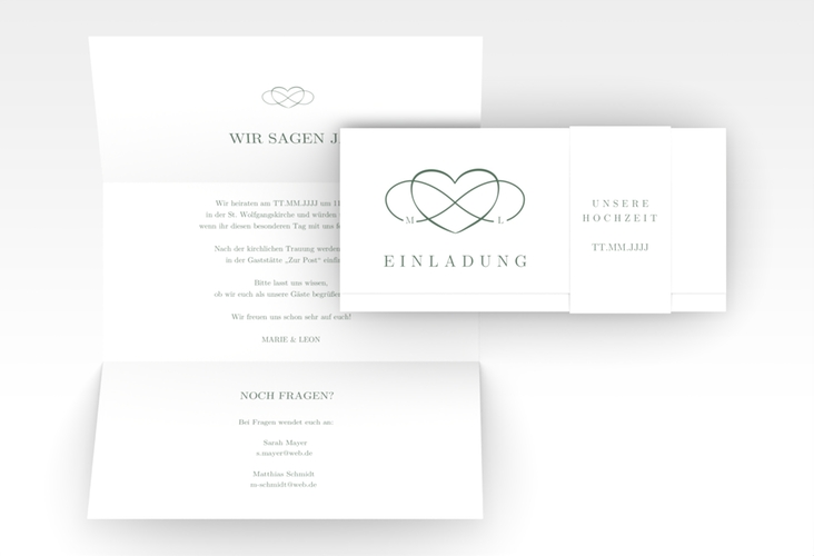 Hochzeitseinladung Infinity Wickelfalzkarte + Banderole gruen