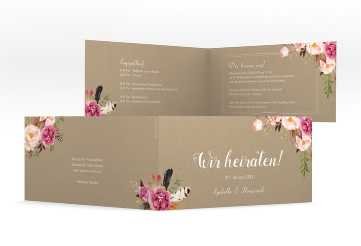 Hochzeitseinladung Flowers lange Klappkarte quer Kraftpapier hochglanz mit bunten Aquarell-Blumen