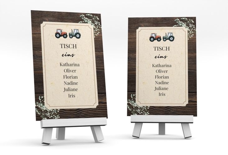 Tischaufsteller Hochzeit Bauernhochzeit Tischaufsteller braun in rustikaler Holz-Optik mit Schleierkraut und zwei kleinen Traktoren