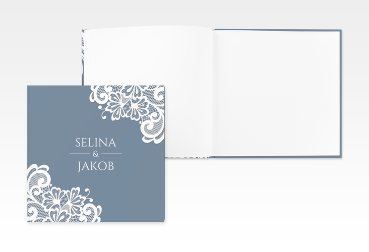 Gästebuch Creation Hochzeit Vintage 20 x 20 cm, Hardcover blau mit floraler Spitze