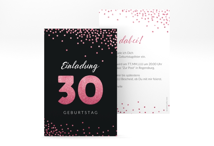 Einladung 30. Geburtstag Glitzer A6 Karte hoch pink hochglanz