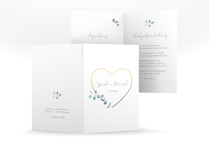 Einladungskarte Hochzeit Greenheart A6 Klappkarte hoch hochglanz mit elegantem Herz und Eukalyptus-Zweig