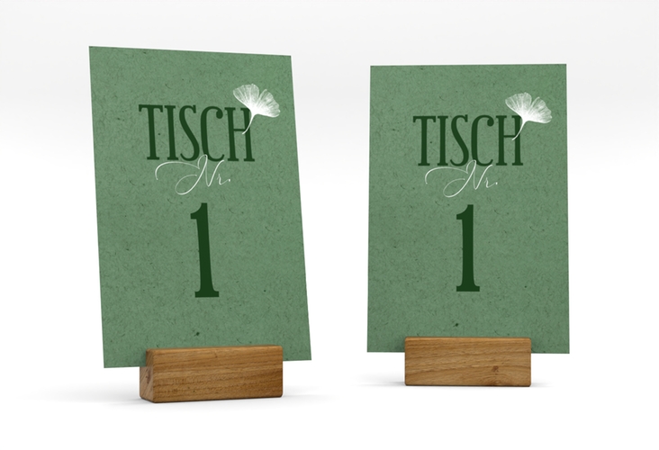 Tischnummer Hochzeit Ja Tischaufsteller gruen mit Ginkgo-Blatt