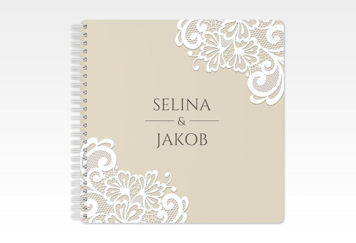 Gästebuch Hochzeit Vintage Ringbindung beige mit floraler Spitze