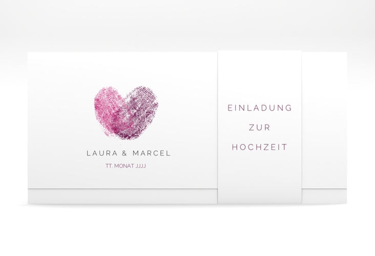 Hochzeitseinladung Fingerprint Wickelfalzkarte + Banderole pink hochglanz schlicht mit Fingerabdruck-Motiv