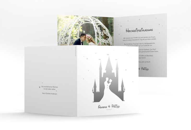Hochzeitseinladung Castle quadr. Klappkarte grau